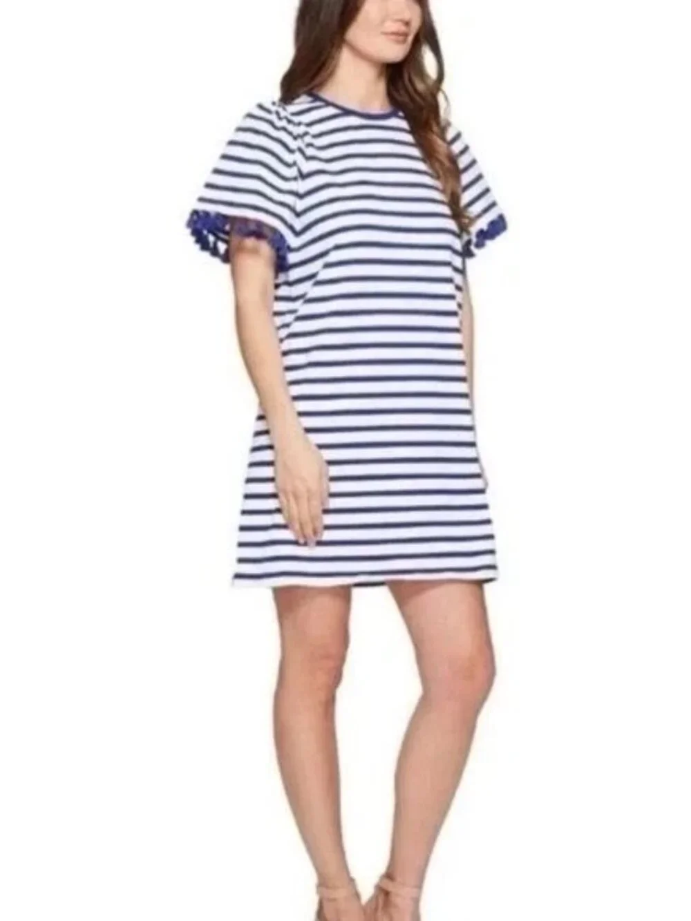 Kate Spade Broome Street Tassel Dress Sz XL Striped Flutter Sleeve Blue Preppy